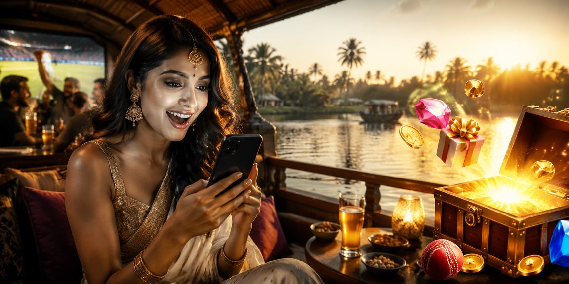 Indian cricket betting at scenic Kerala backwaters on mobile device